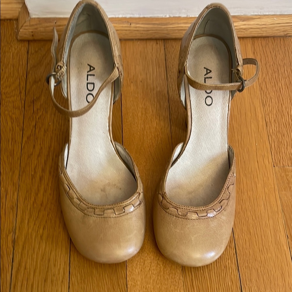 Aldo Tan Wedges with Ankle Strap and Rounded Toe